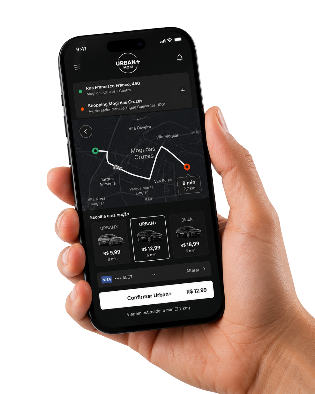 App Urban+ Mogi das Cruzes — corrida confirmada no celular