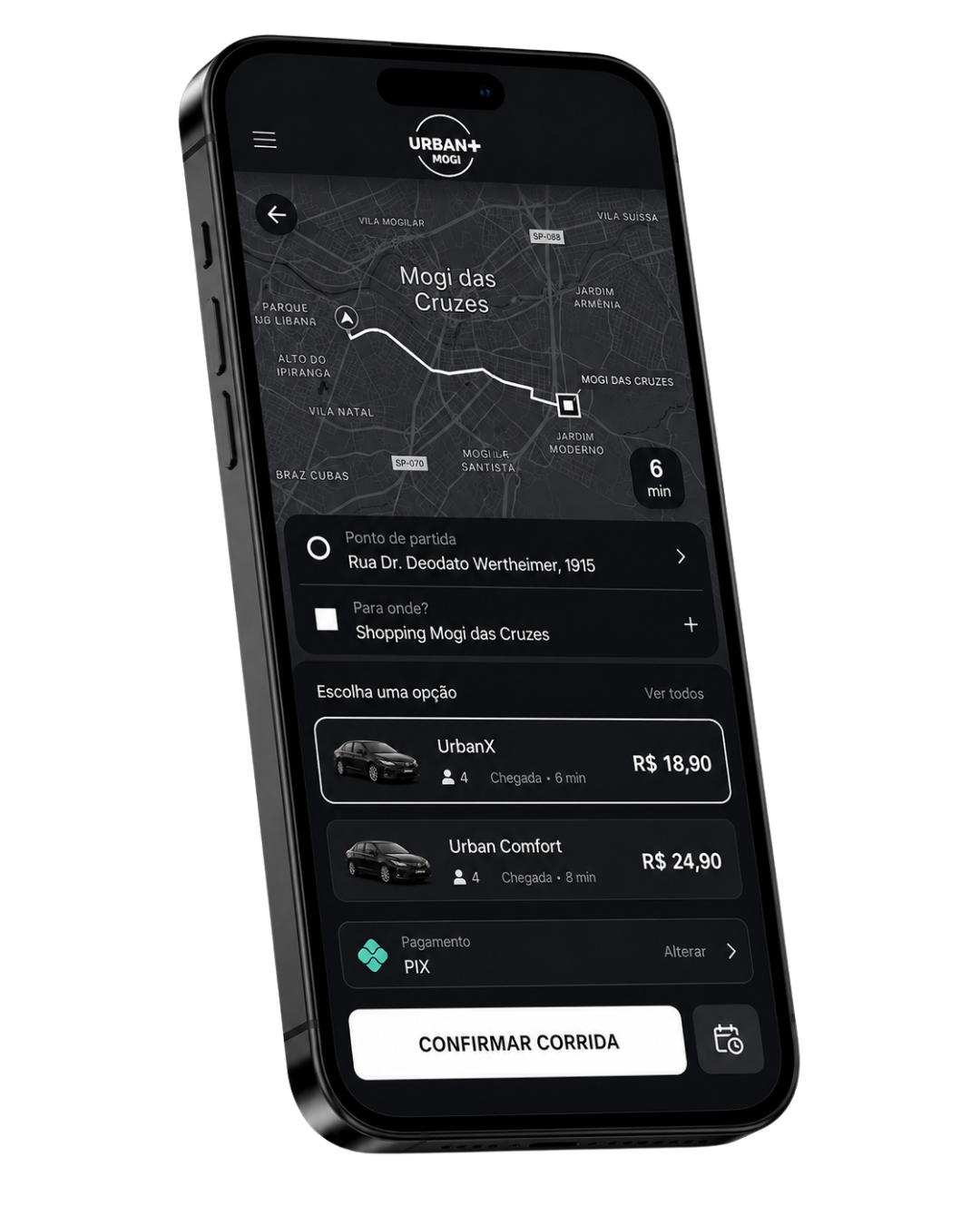 App Urban+ Mogi das Cruzes — tela de pedido de corrida mostrando o mapa da cidade